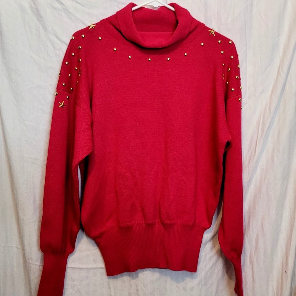Vintage Ski Sweater Pullover Turtleneck Meister Raspberry Pink Gold Studs Size M